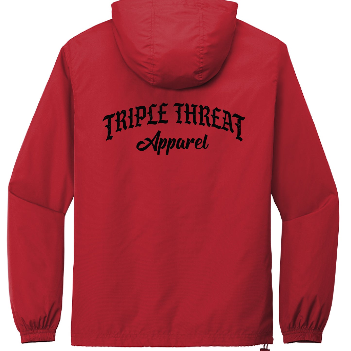 Packable windbreaker jacket in red featuring Triple Threat Apparel logo on the back.