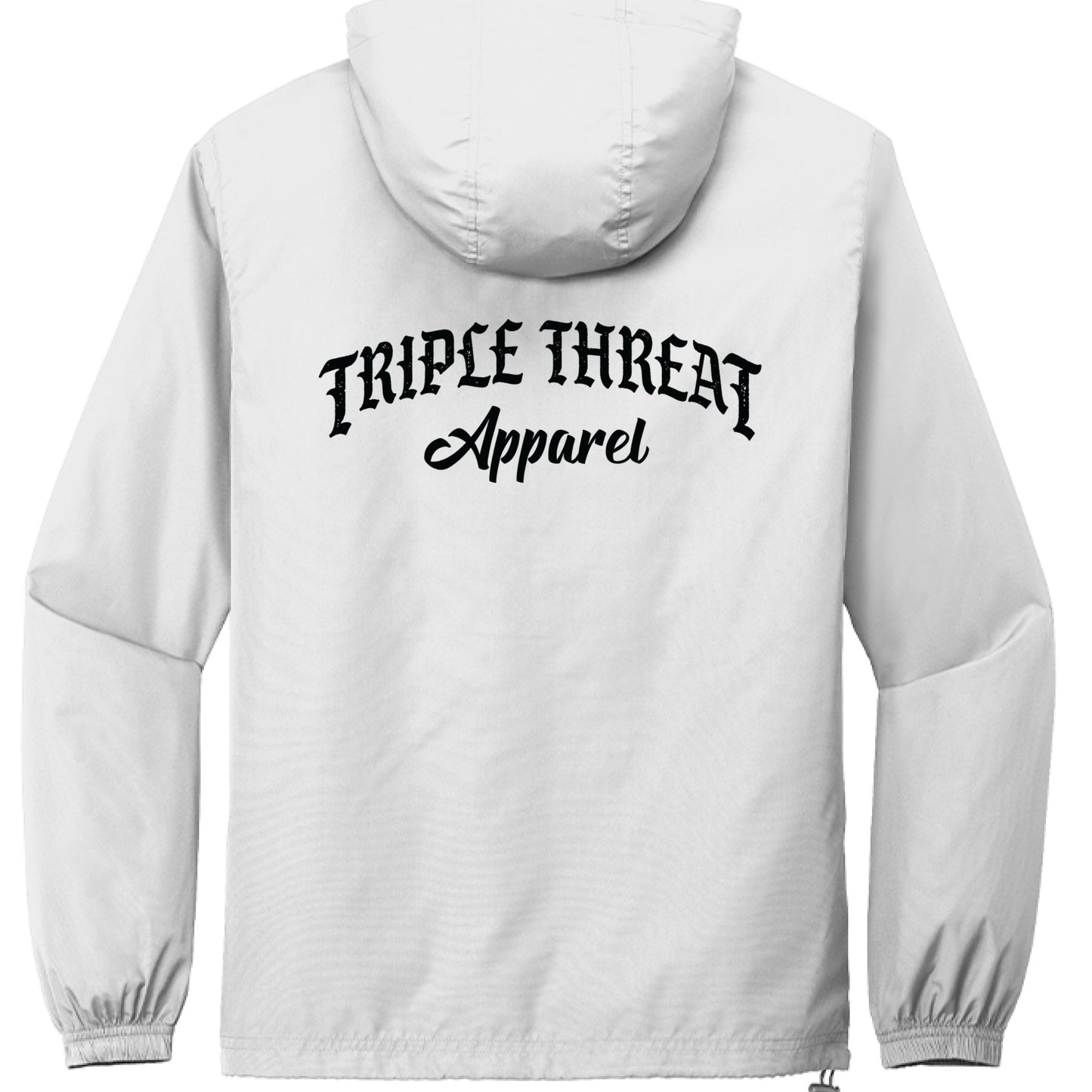 packable windbreaker jacket featuring 'TRIPLE THREAT Apparel' logo on the back
