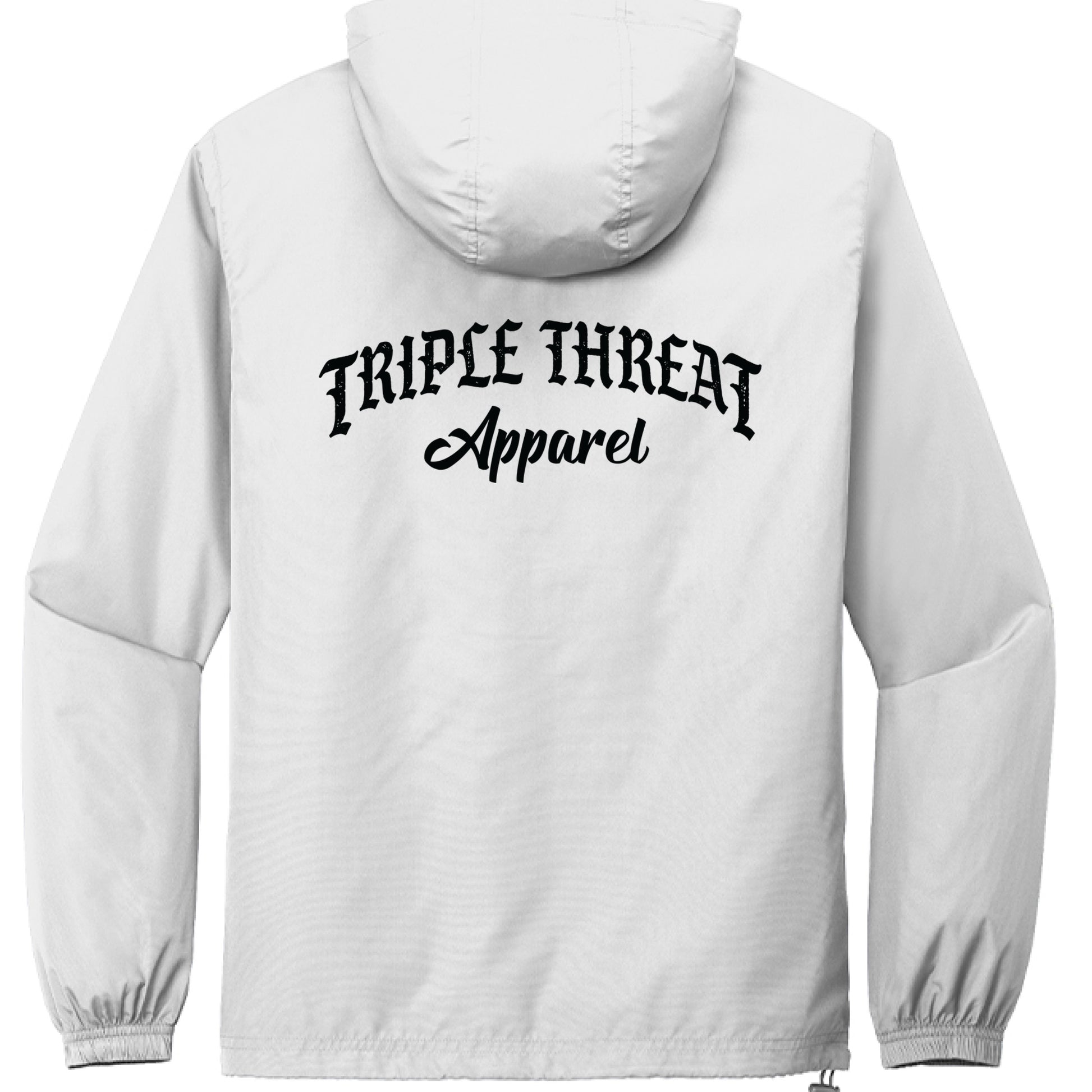 packable windbreaker jacket featuring 'TRIPLE THREAT Apparel' logo on the back