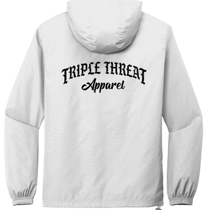 packable windbreaker jacket featuring 'TRIPLE THREAT Apparel' logo on the back