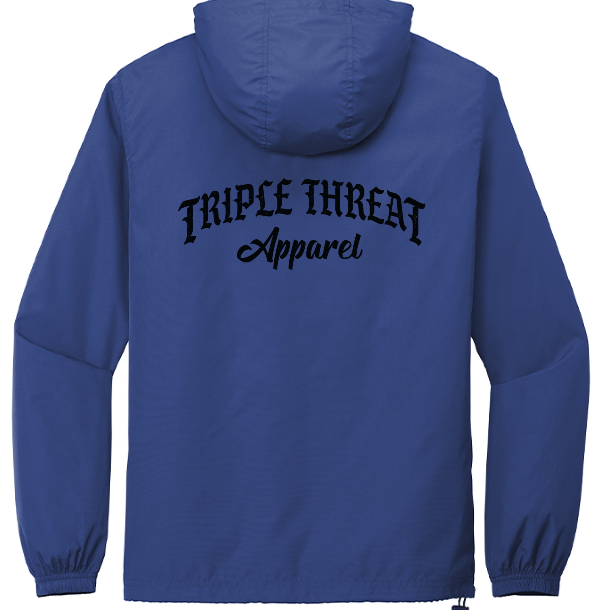 packable windbreaker jacket in blue featuring 'TRIPLE THREAT Apparel' logo on the back.