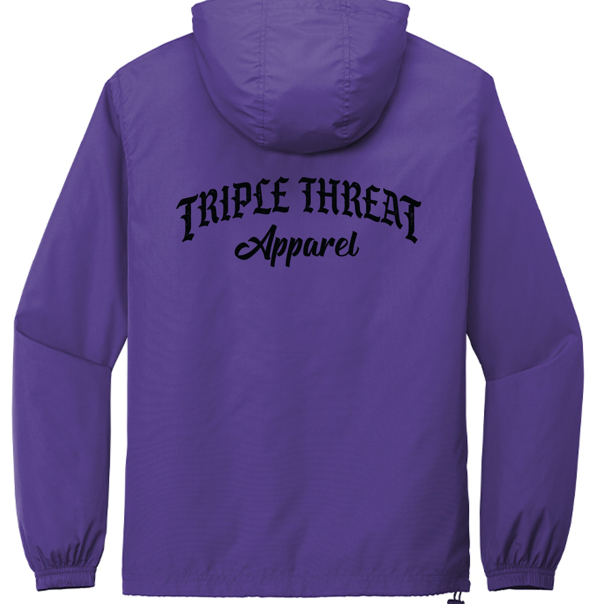 Packable windbreaker jacket in purple with TRIPLE THREAT Apparel logo on the back.