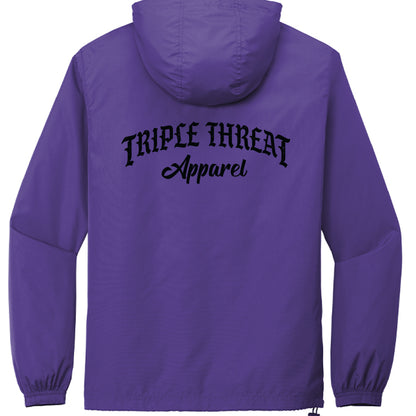 Packable windbreaker jacket in purple with TRIPLE THREAT Apparel logo on the back.