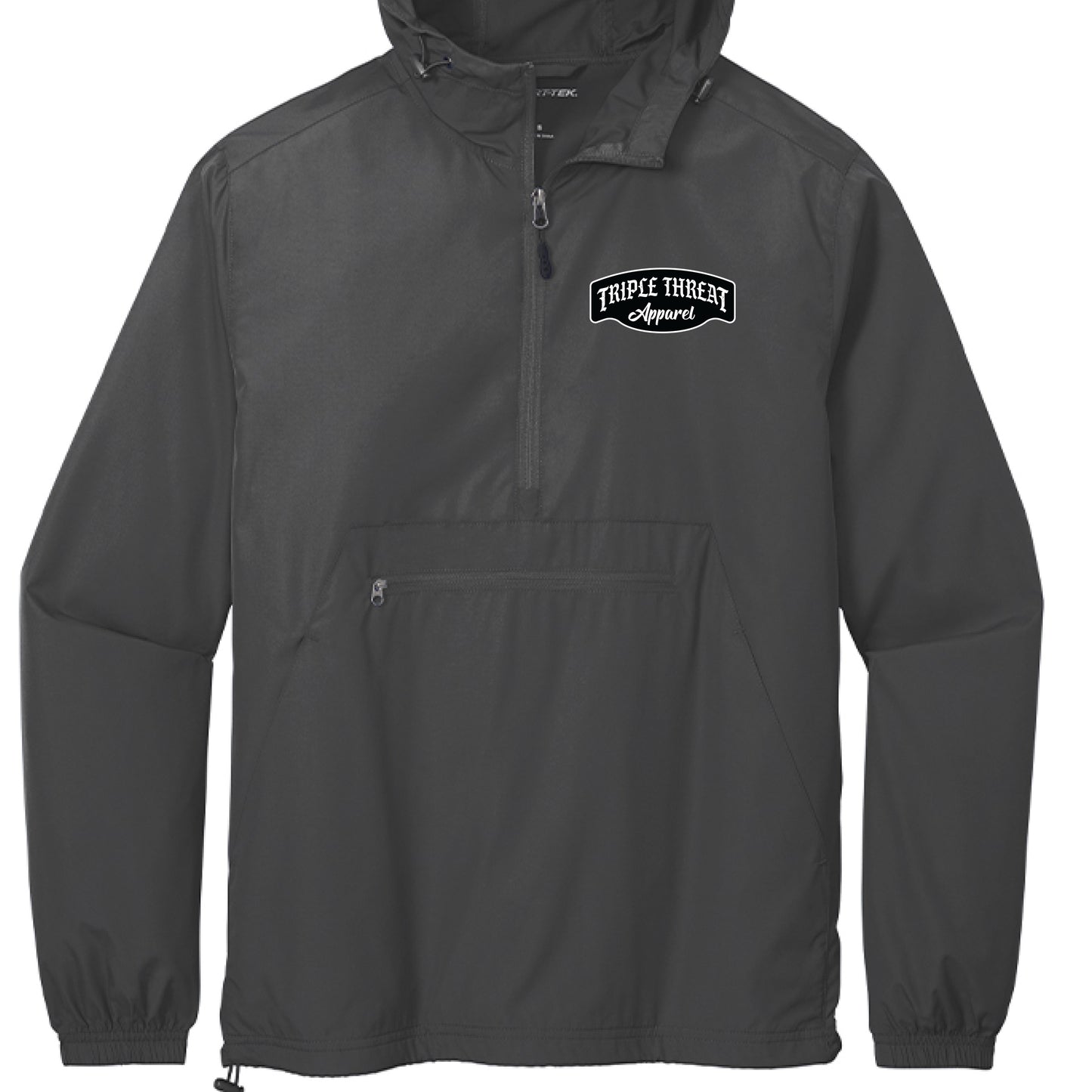 packable windbreaker jacket in black with Tripee Threat Apparel logo on front