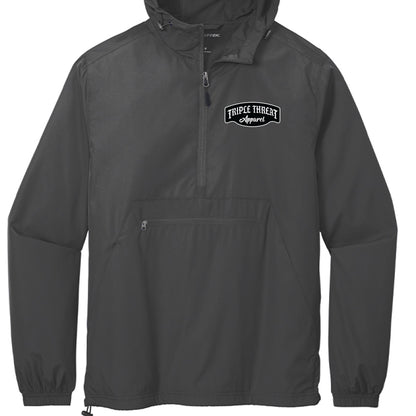 packable windbreaker jacket in black with Tripee Threat Apparel logo on front