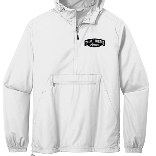 packable windbreaker jacket in white with black logo from Triple Threat Apparel