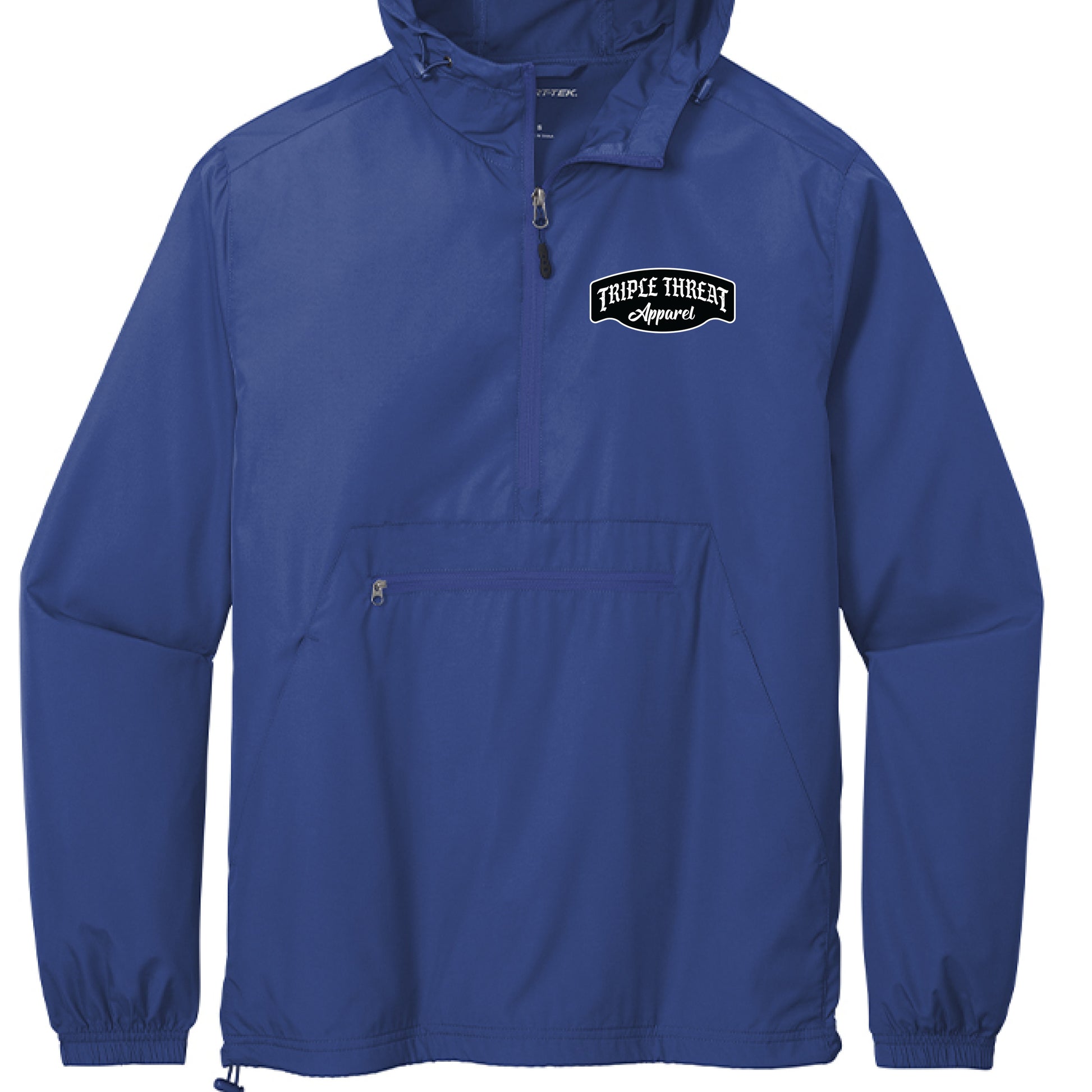 packable windbreaker jacket in blue, featuring Tripee Threat Apparel logo, lightweight and versatile design.
