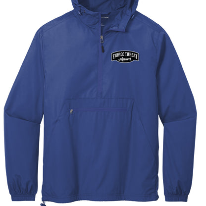 packable windbreaker jacket in blue, featuring Tripee Threat Apparel logo, lightweight and versatile design.