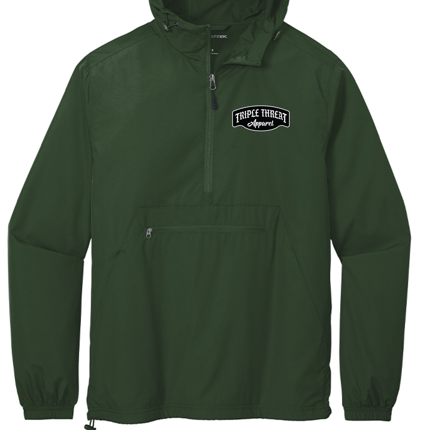 packable windbreaker jacket in dark green with logo, designed for convenience and protection against the elements.