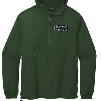 packable windbreaker jacket in dark green with logo, designed for convenience and protection against the elements.